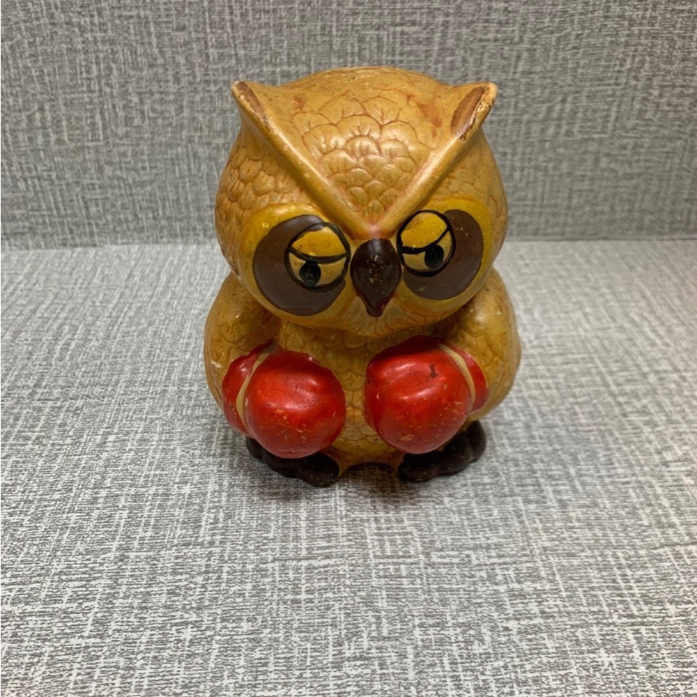 Vintage Enesco Owl Bank with Boxing Gloves